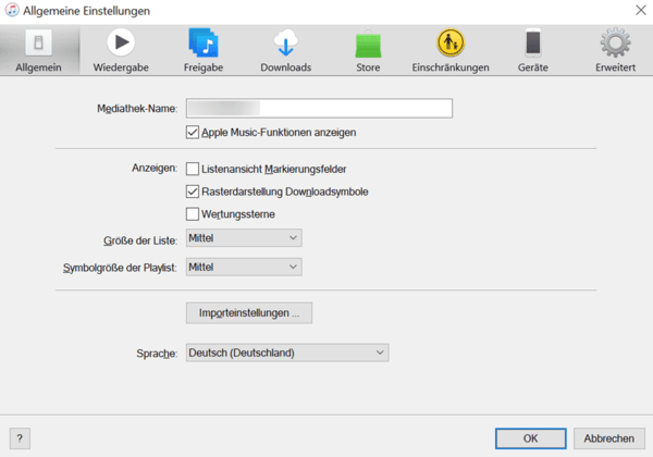 Allgemeine Einstellungen auf iTunes-App