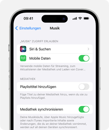 die Option „Mediathek synchronisieren“ aktivieren