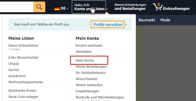 Mein Konto in Amazon