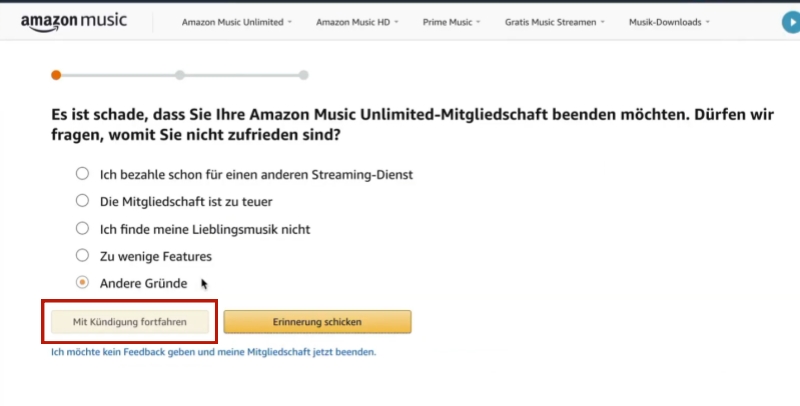 Mit Kündigung fortfahren in Amazon Music