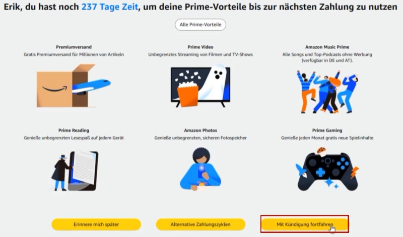Mit Kündigung fortfahren in Amazon Prime
