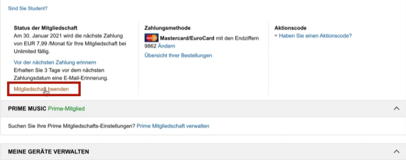 Mitgliedschaft beenden in Amazon