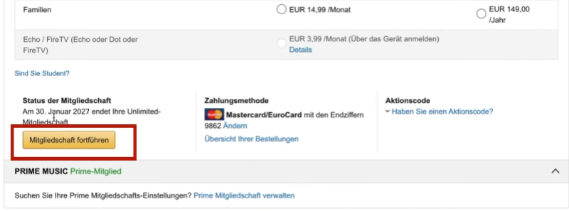Mitgliedschaft fortführen in Amazon Music