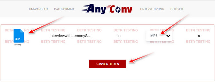 MP3 als Ausgabeformat bei AnyConv wählen
