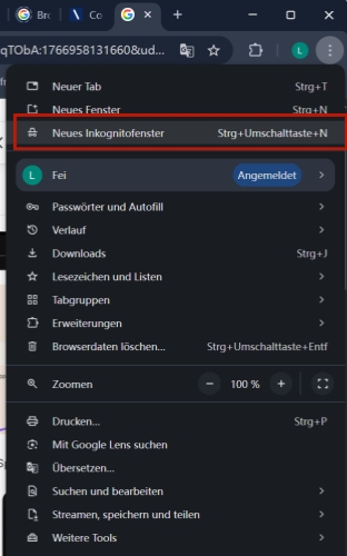 Neues Inkognito-Fenster in Chrome