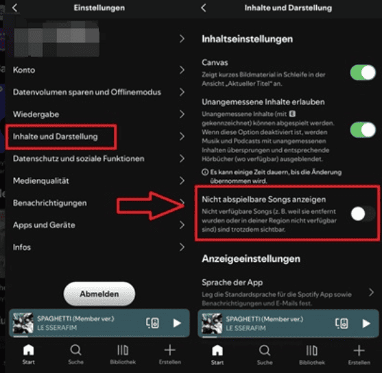 Nicht abspielbare Songs anzeigen