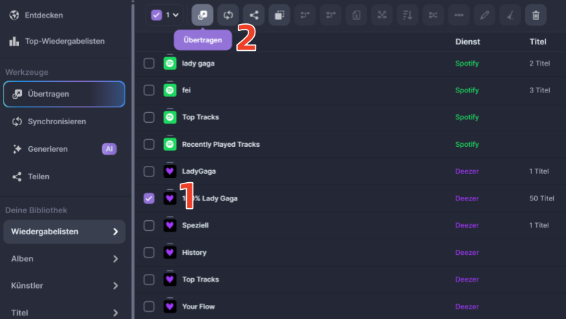 Playlist von Deezer zu Spotify in Soundiiz
