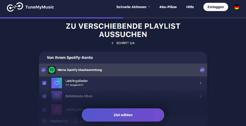 Playlist zum Übertragen auswählen