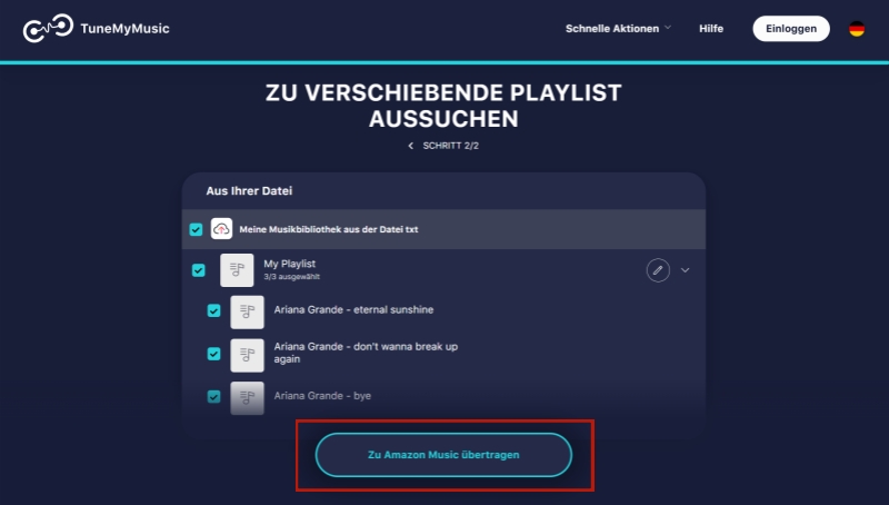 Playlists zu Amazon Music in TuneMyMusic exportieren