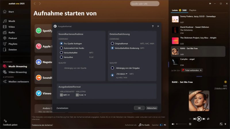 Präferenzen auswählen und die Aufnahme starten