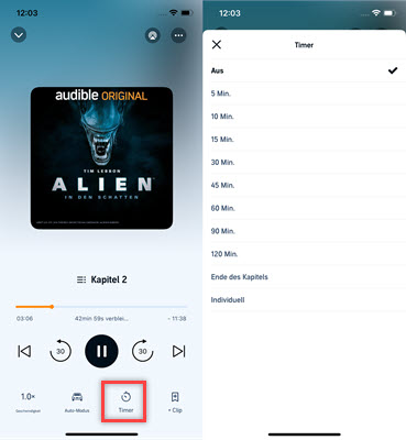 Schlafmodus in der Audible-App aktivieren