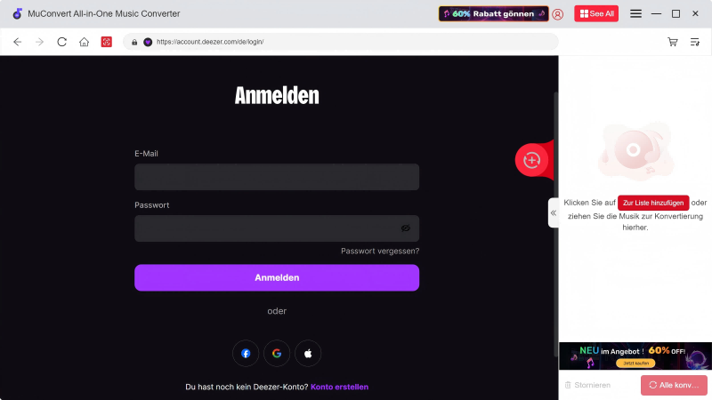 Sich mit Deezer-Konto anmelden