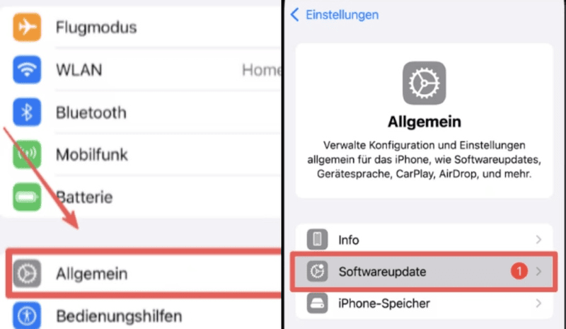 Allgemein wählen und Softwareupdate prüfen