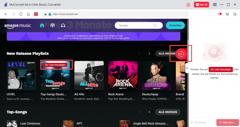 Amazon Songs oder Playlist zur Konvertierungsliste hinzufügen