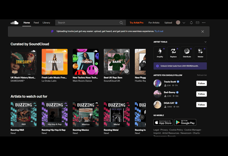 Die Benutzeroberfläche von SoundCloud mit Empfehlungen und Artist-Tools