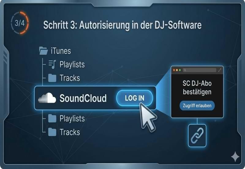 Autorisierung von SoundCloud in der DJ-Software über den Log-in Button und Browser-Bestätigung