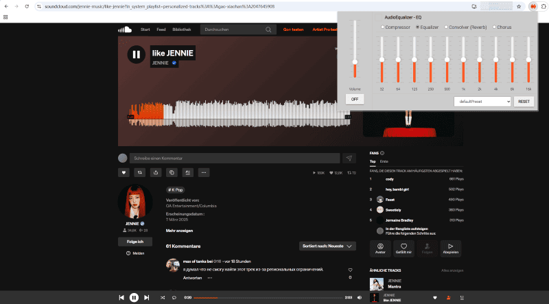 Anwendung des Equalizer für Chrome während der Musikwiedergabe für verstärkten Bass.