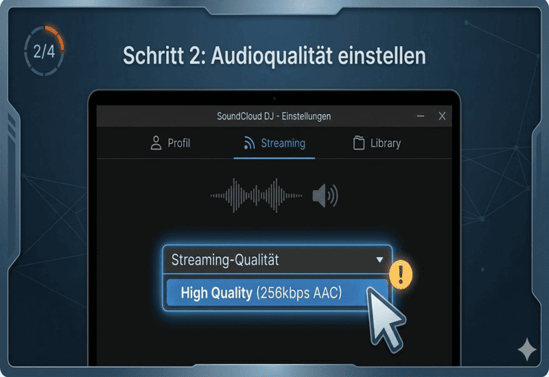 SoundCloud DJ Einstellungen zeigt die Auswahl von High Quality 256kbps AAC für beste Audioqualität