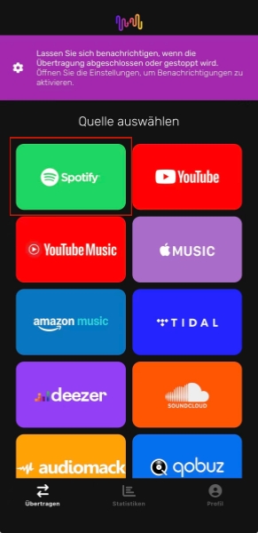 Spotify als Quelle in Free Your Music auswählen