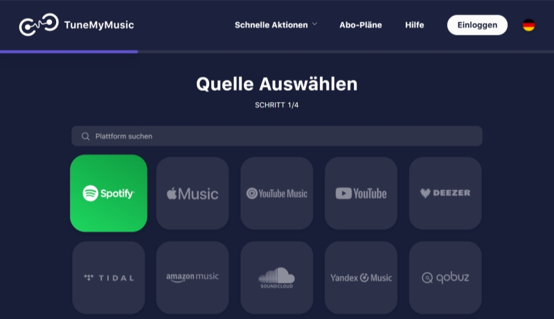 Spotify als Quelle in Tune My Music auswählen