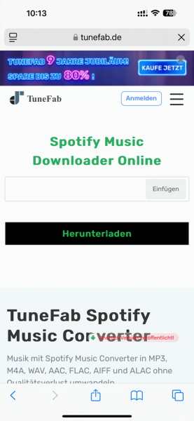 TuneFab Spotify Online Downloader auf iOS