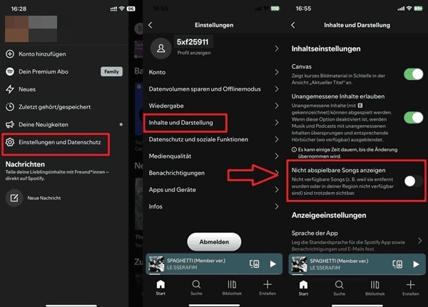 Nicht abspielbare Songs anzeigen