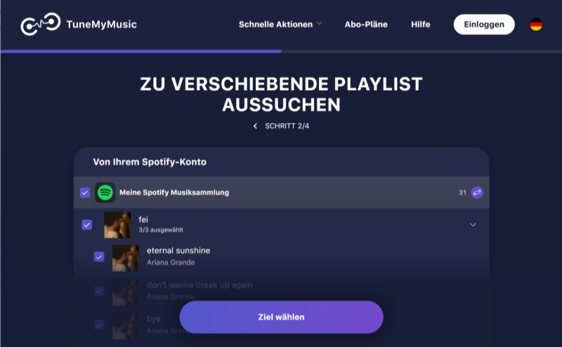 Spotify Playlistsin Tune My Music ankreuzen