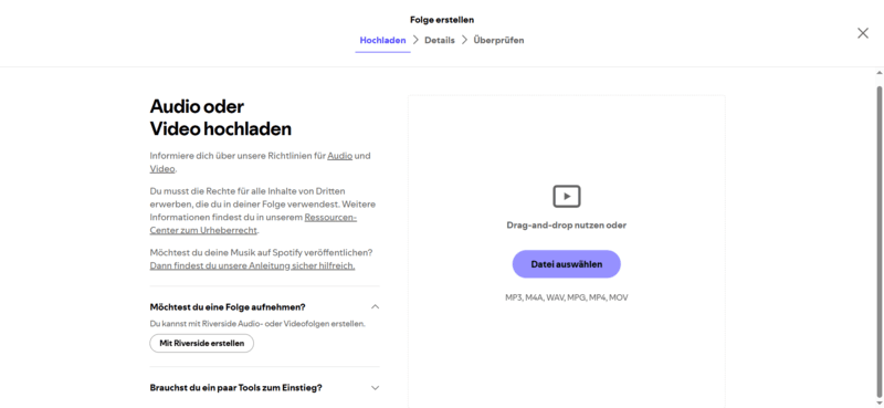 Spotify Podcast Audio- oder Video-Datei hochladen