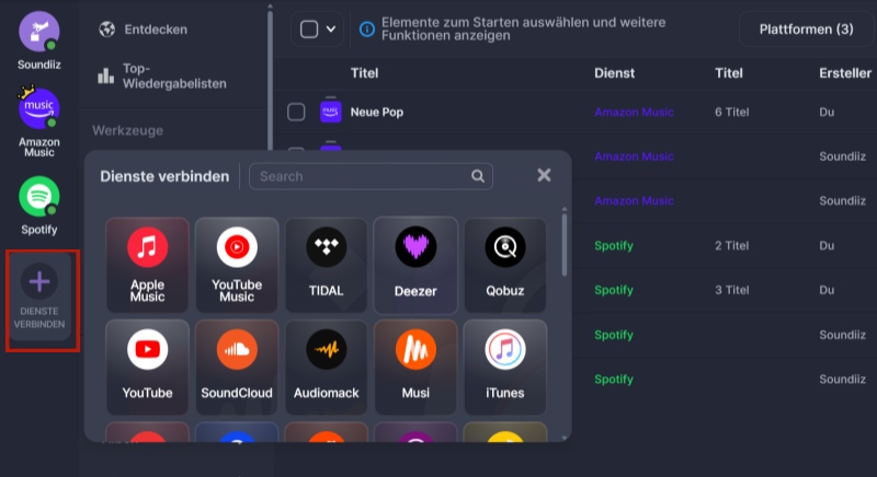 Spotify und Amazon Music in Soundiiz sich anmelden