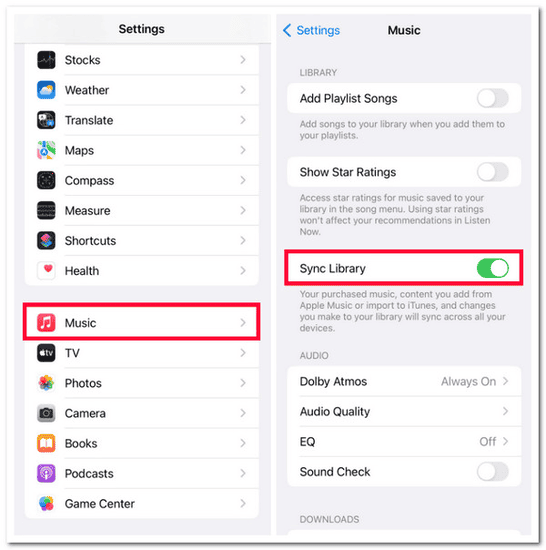 Sync-Bibliothek in Musik-Einstellungen aktivieren