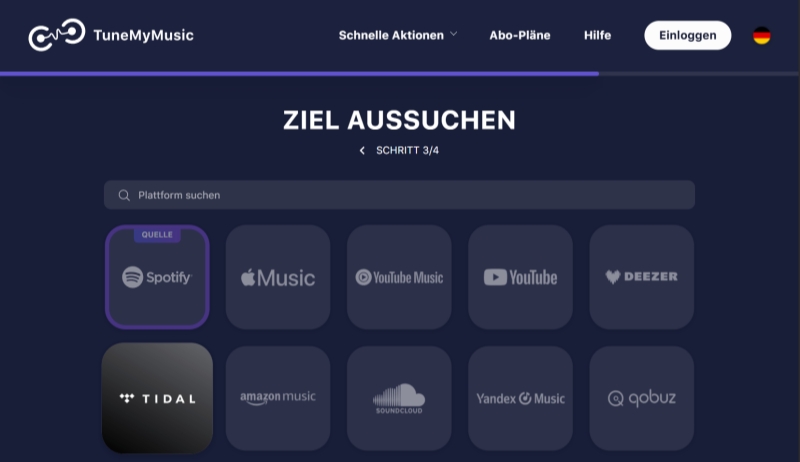 Tidal als Ziel in Tune My Music auswählen