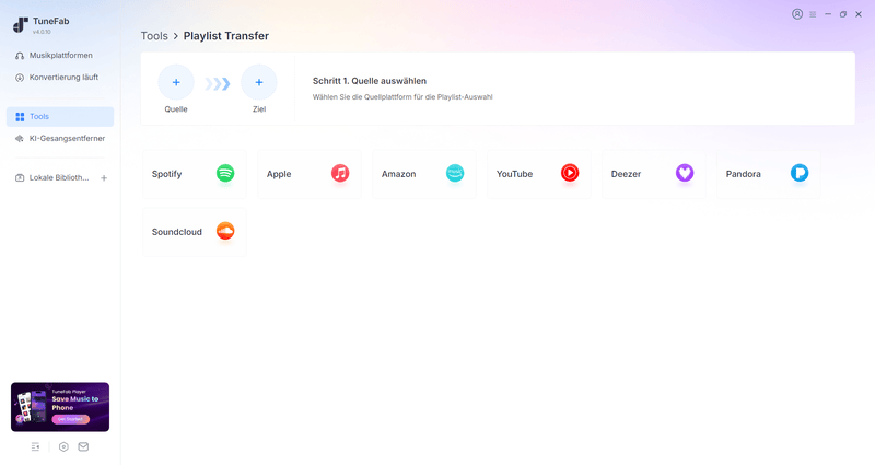 TuneFab Playlist Transfer Quellplattform wählen