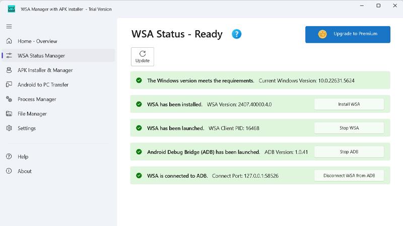 WSA Status Manager Einstellungen aktiviert sind