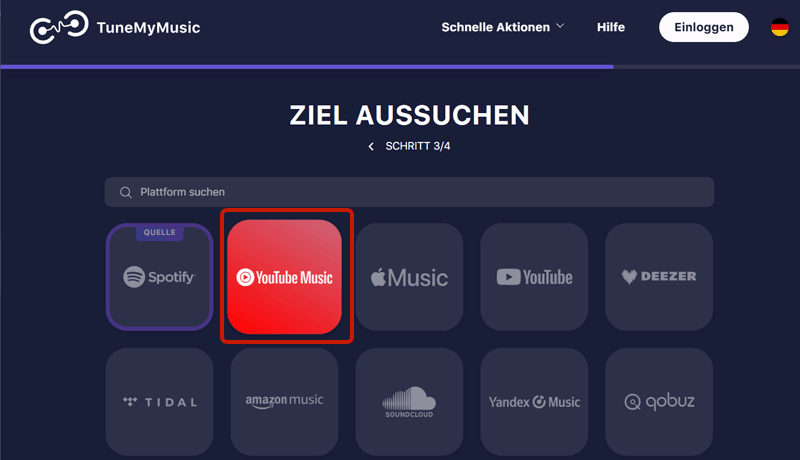 YouTube Music als Ziel auswählen und Konto sich anmelden